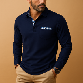 Heren polo shirt met lange mouwen en kraag in marineblauw, ideaal voor casual en zakelijke outfits, comfortabel en stijlvol