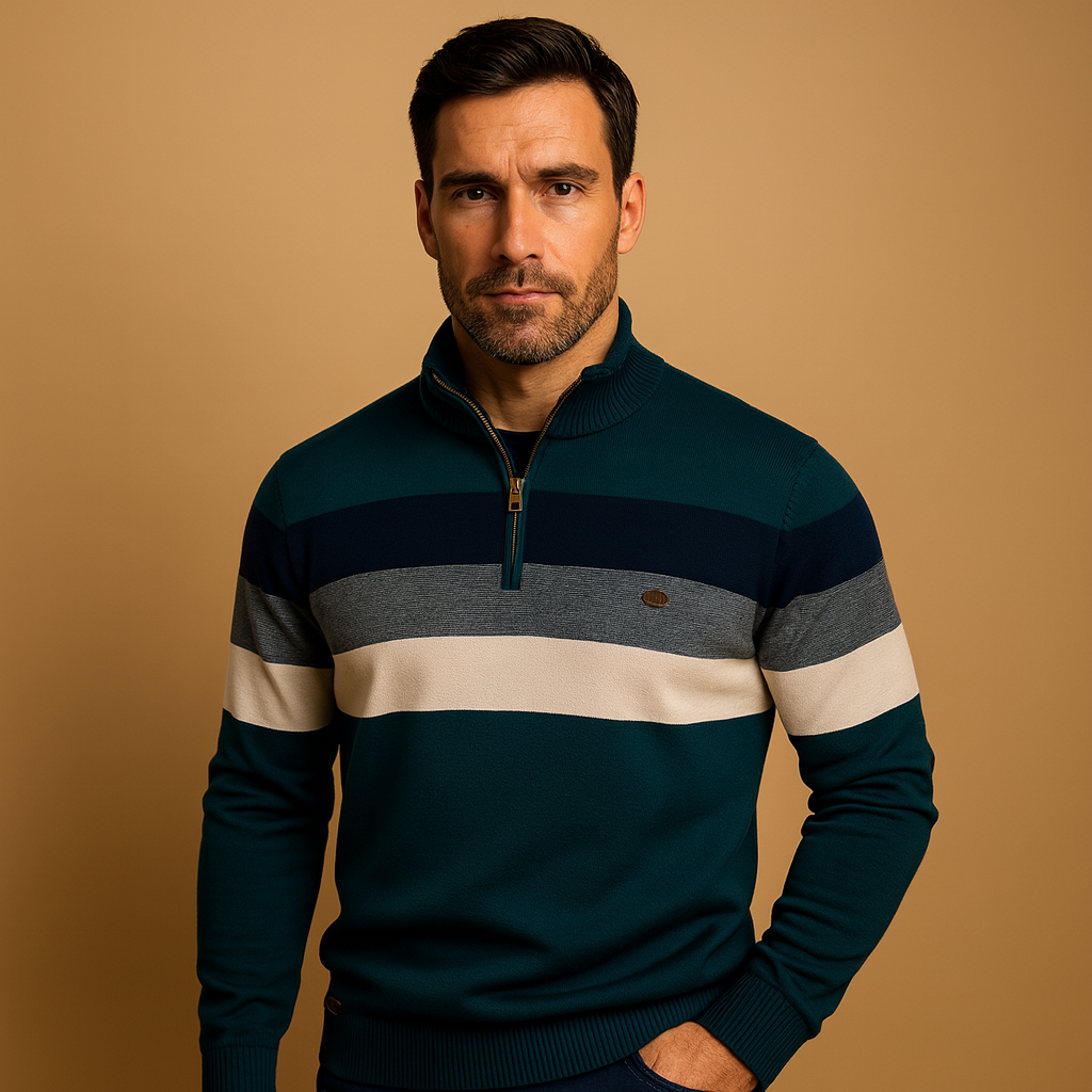 Retro gestreepte pullover met rits en kraagje voor heren, comfortabele pasvorm en stijlvol kleurendesign. Perfect voor dagelijks gebruik en casual outfits.