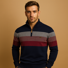 Retro gestreepte pullover met rits en kraagje voor heren, comfortabele pasvorm en stijlvol kleurendesign. Perfect voor dagelijks gebruik en casual outfits.