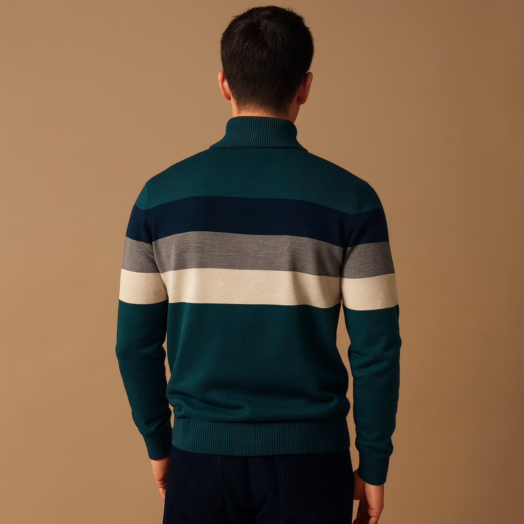Retro gestreepte pullover met rits en kraagje voor heren, comfortabele pasvorm en stijlvol kleurendesign. Perfect voor dagelijks gebruik en casual outfits.