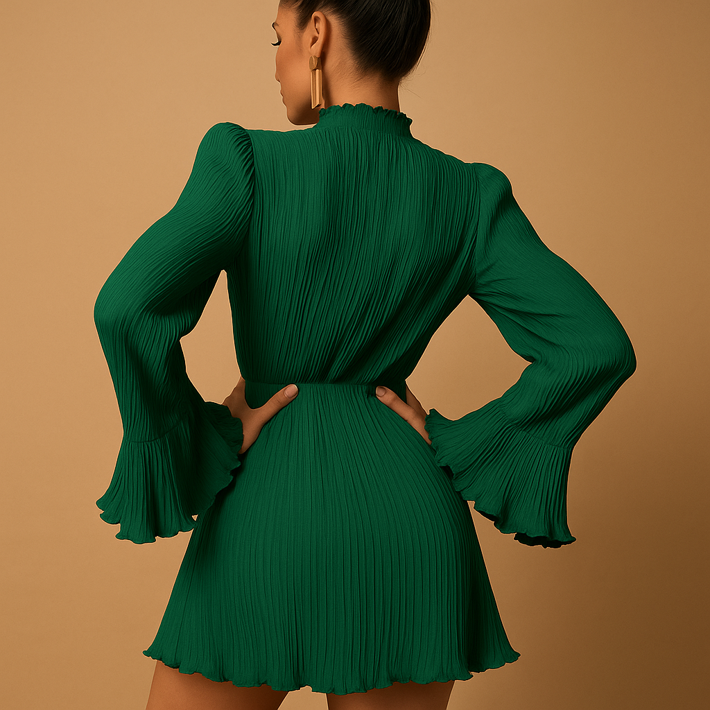 Dames mini-jurk met ribbeltextuur, lange mouwen en bodycon pasvorm, perfect voor elegante avonden en chique gelegenheden.