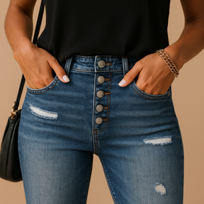 Dames slim fit jeans met ripped details, gemaakt van denim in een comfortabele stretchstof, perfect voor casual en trendy looks.