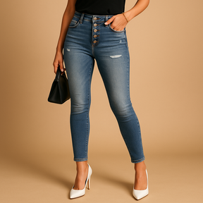 Dames slim fit jeans met ripped details, gemaakt van denim in een comfortabele stretchstof, perfect voor casual en trendy looks.