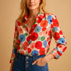 Dames blouse met rood bloemenpatroon en ademende stof, ideaal voor de lente, werk of casual outfits