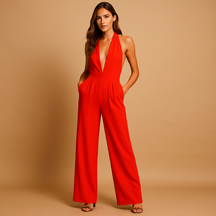 Elegante dames jumpsuit met diepe V-hals, rugloos ontwerp en wijde pijpen, ideaal voor avondjes uit en speciale gelegenheden.