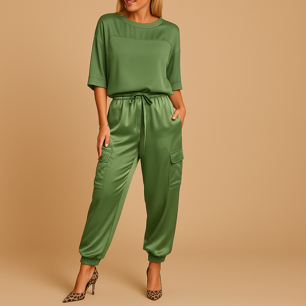 Dames satijnen set met glanzende top en rechte broek, ideaal voor thuis of elegante gelegenheden