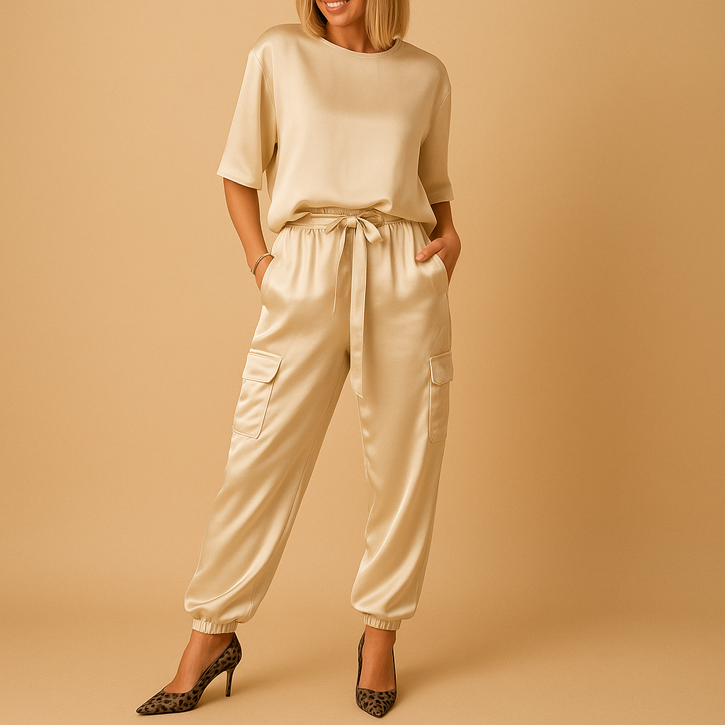 Dames satijnen set met glanzende top en rechte broek, ideaal voor thuis of elegante gelegenheden