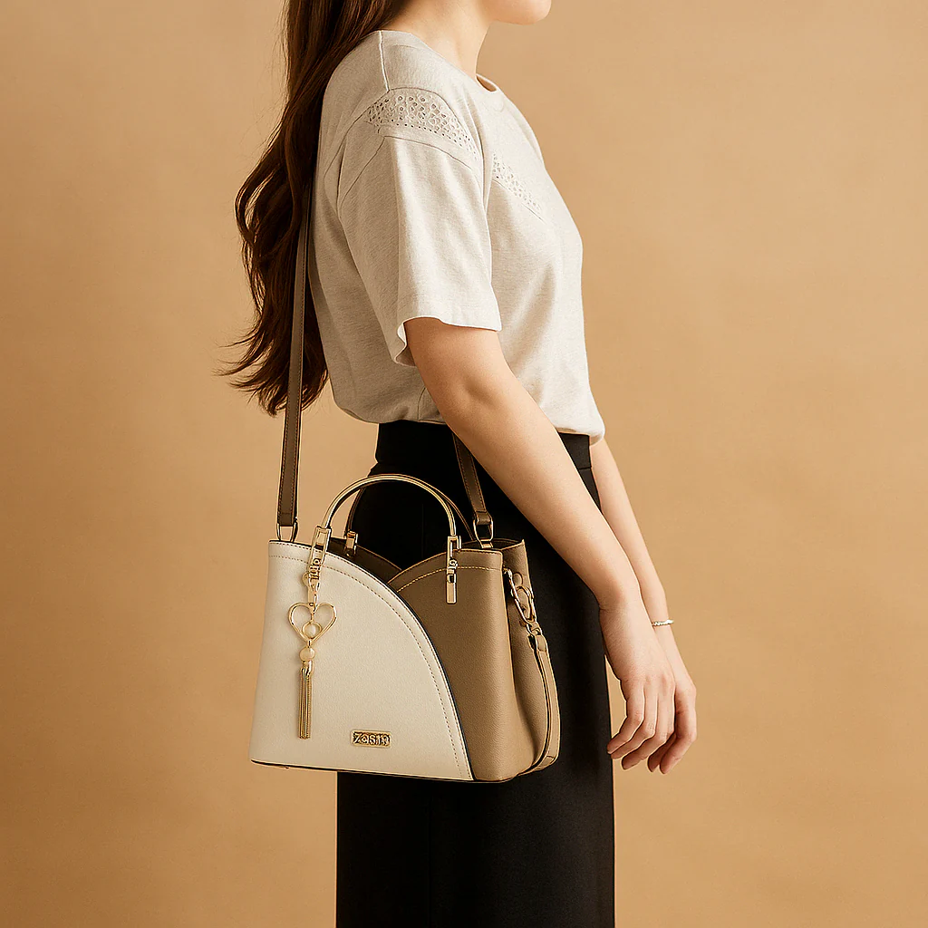 Schoudertas voor dames met geometrisch patroon, metalen accenten en verstelbare draagoptie, geschikt voor dagelijks en formeel gebruik.