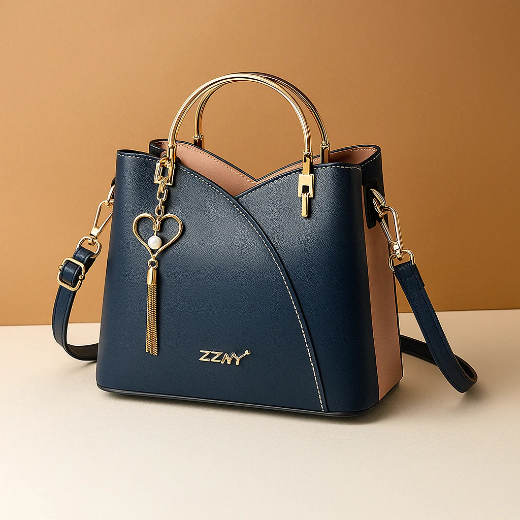 Schoudertas voor dames met geometrisch patroon, metalen accenten en verstelbare draagoptie, geschikt voor dagelijks en formeel gebruik.