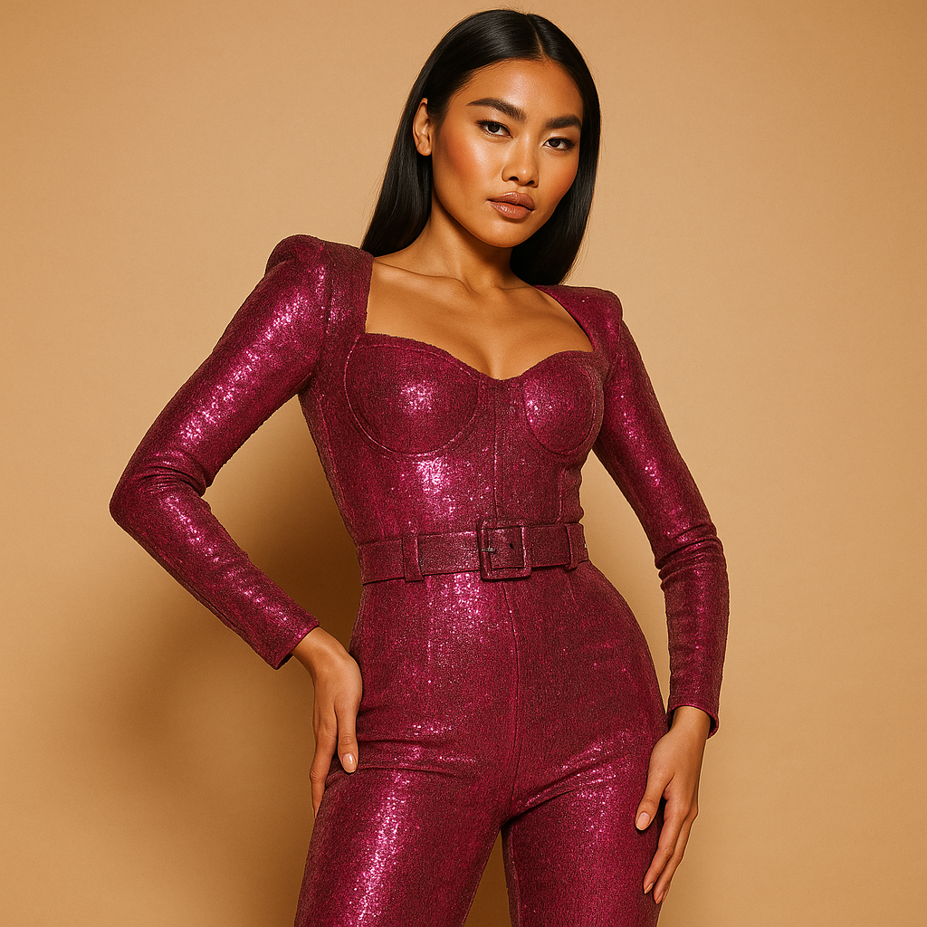 Glanzende dames jumpsuit met lange mouwen en lage halslijn, perfect voor chique feesten en avondgelegenheden.