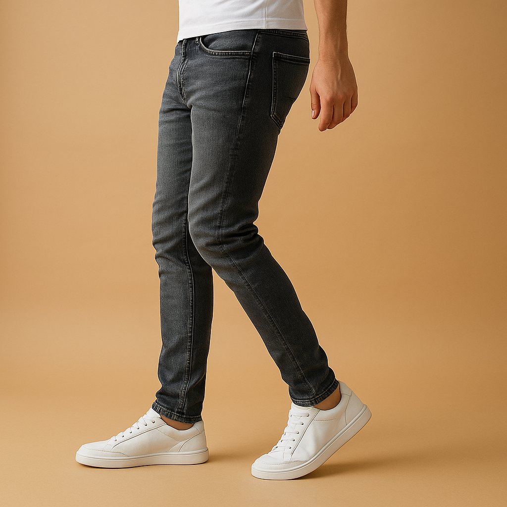 Slim fit herenjeans in blauw of grijs met gescheurd detail, gemaakt van duurzaam stretchdenim voor een stoere en comfortabele urban look.
