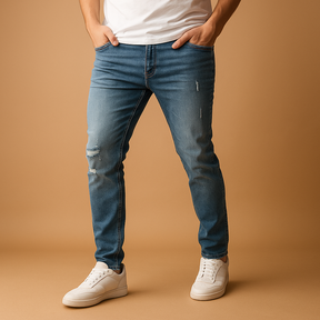 Slim fit herenjeans in blauw of grijs met gescheurd detail, gemaakt van duurzaam stretchdenim voor een stoere en comfortabele urban look.