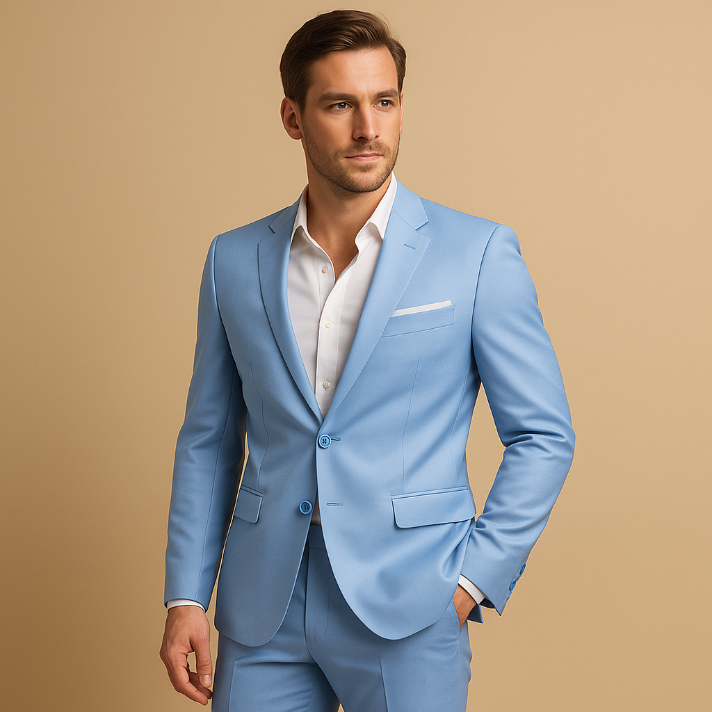 Stijlvol slim fit herenpak met blazer en pantalon in diverse kleuren, perfect voor bruiloften, zakelijke bijeenkomsten en formele evenementen.