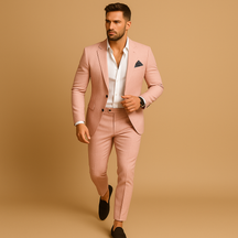 Slim fit herenpak met blazer en pantalon in diverse kleuren, perfect voor bruiloften en formele gelegenheden, met moderne pasvorm.