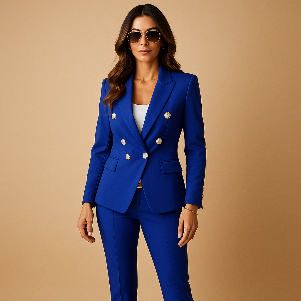 Elegant damespak met blazer en pantalon in zwart, rood of blauw – perfect voor formele en zakelijke gelegenheden.