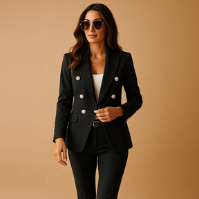 Elegant damespak met blazer en pantalon in zwart, rood of blauw – perfect voor formele en zakelijke gelegenheden.