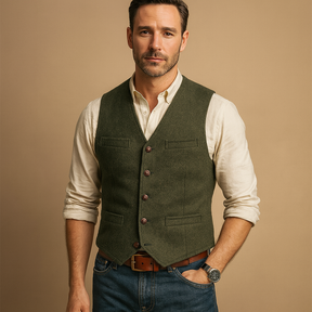 Heren gilet met knoopsluiting en praktische zakken, ideaal voor formele en casual gelegenheden tijdens de herfst en winter.