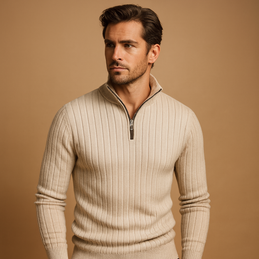 Heren sweater met half-zip en ribgebreide mouwen in lichtgrijs, comfortabele pasvorm en stijlvol design. Ideaal voor casual en smart-casual outfits.