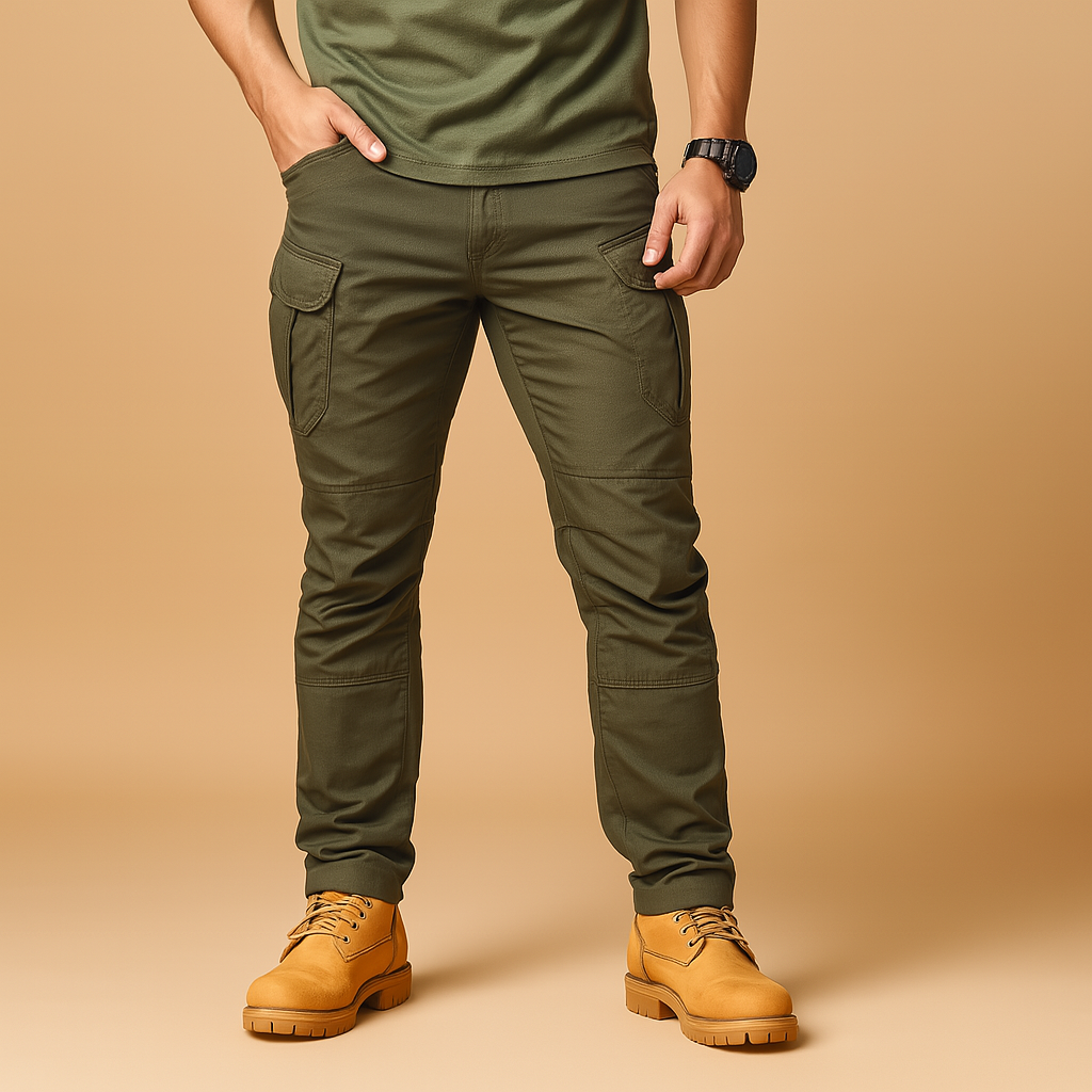 Tactische cargobroek voor heren in militaire stijl met meerdere zakken, ontworpen voor outdoor gebruik, survival en dagelijks comfort.