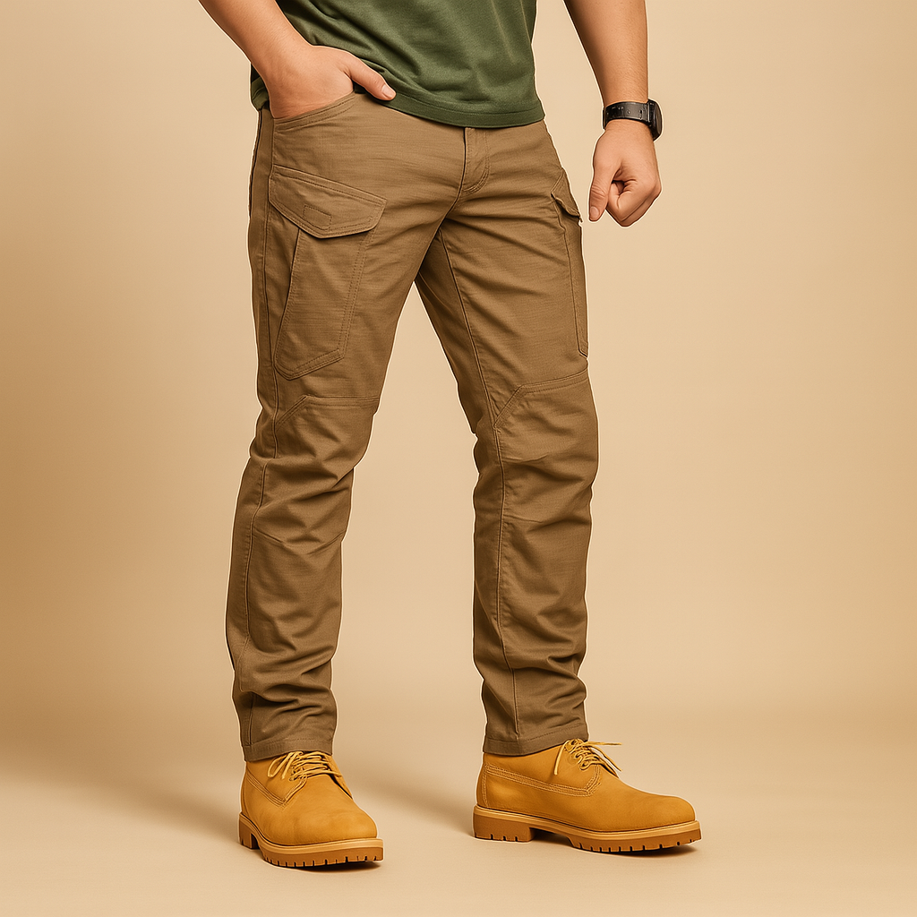 Tactische cargobroek voor heren in militaire stijl met meerdere zakken, ontworpen voor outdoor gebruik, survival en dagelijks comfort.