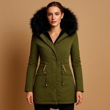 Thermo winterjas voor dames met imitatiebont capuchon, verstelbaar koord en rits-knoopsluiting. Ideaal voor koude dagen, buitenactiviteiten en casual looks.