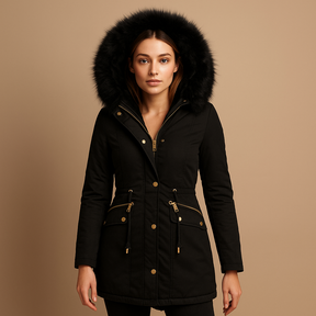 Thermo winterjas voor dames met imitatiebont capuchon, verstelbaar koord en rits-knoopsluiting. Ideaal voor koude dagen, buitenactiviteiten en casual looks.
