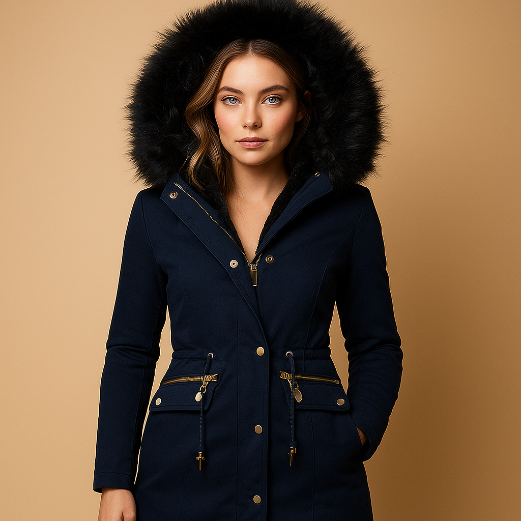 Thermo winterjas voor dames met imitatiebont capuchon, verstelbaar koord en rits-knoopsluiting. Ideaal voor koude dagen, buitenactiviteiten en casual looks.