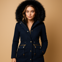 Thermo winterjas voor dames met imitatiebont capuchon, verstelbaar koord en rits-knoopsluiting. Ideaal voor koude dagen, buitenactiviteiten en casual looks.