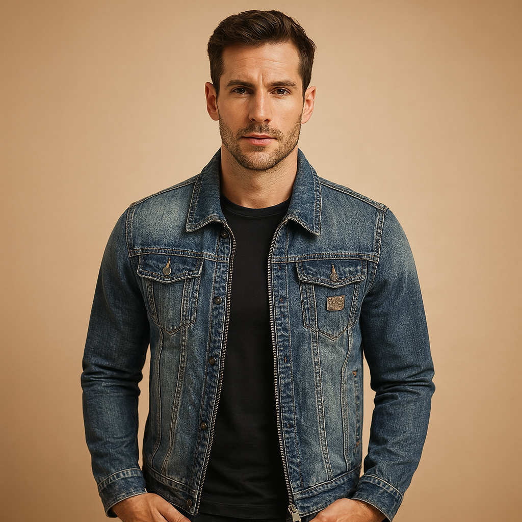 Tijdloos spijkerjack van denim voor heren, met knoopsluiting en voorzakken, duurzaam en veelzijdig voor dagelijks gebruik en casual outfits.