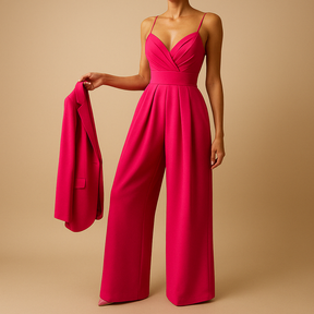 Dames zomer jumpsuit met verstelbare bandjes en lichte stof, perfect voor warme dagen en feestelijke gelegenheden.