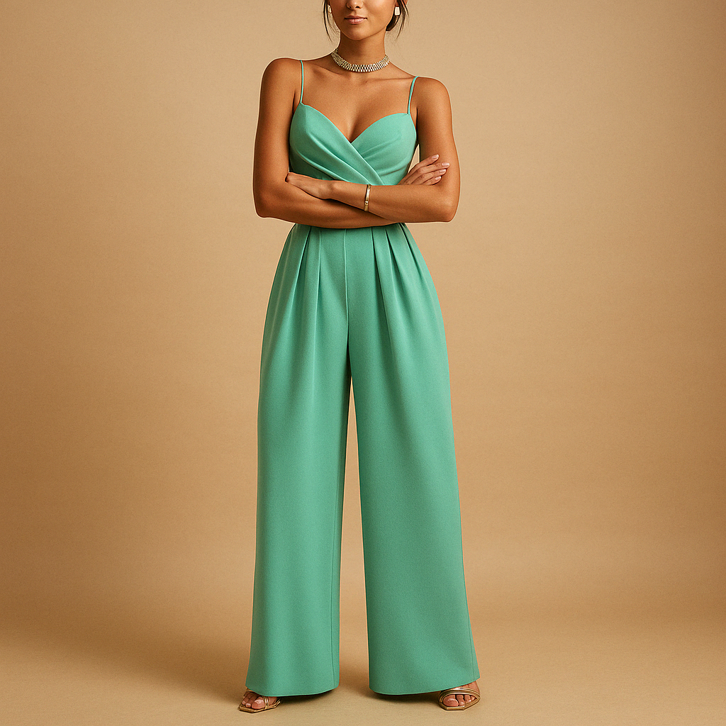 Dames zomer jumpsuit met verstelbare bandjes en lichte stof, perfect voor warme dagen en feestelijke gelegenheden.