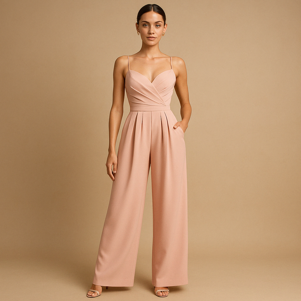 Dames zomer jumpsuit met verstelbare bandjes en lichte stof, perfect voor warme dagen en feestelijke gelegenheden.