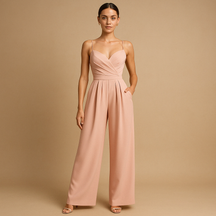 Dames zomer jumpsuit met verstelbare bandjes en lichte stof, perfect voor warme dagen en feestelijke gelegenheden.