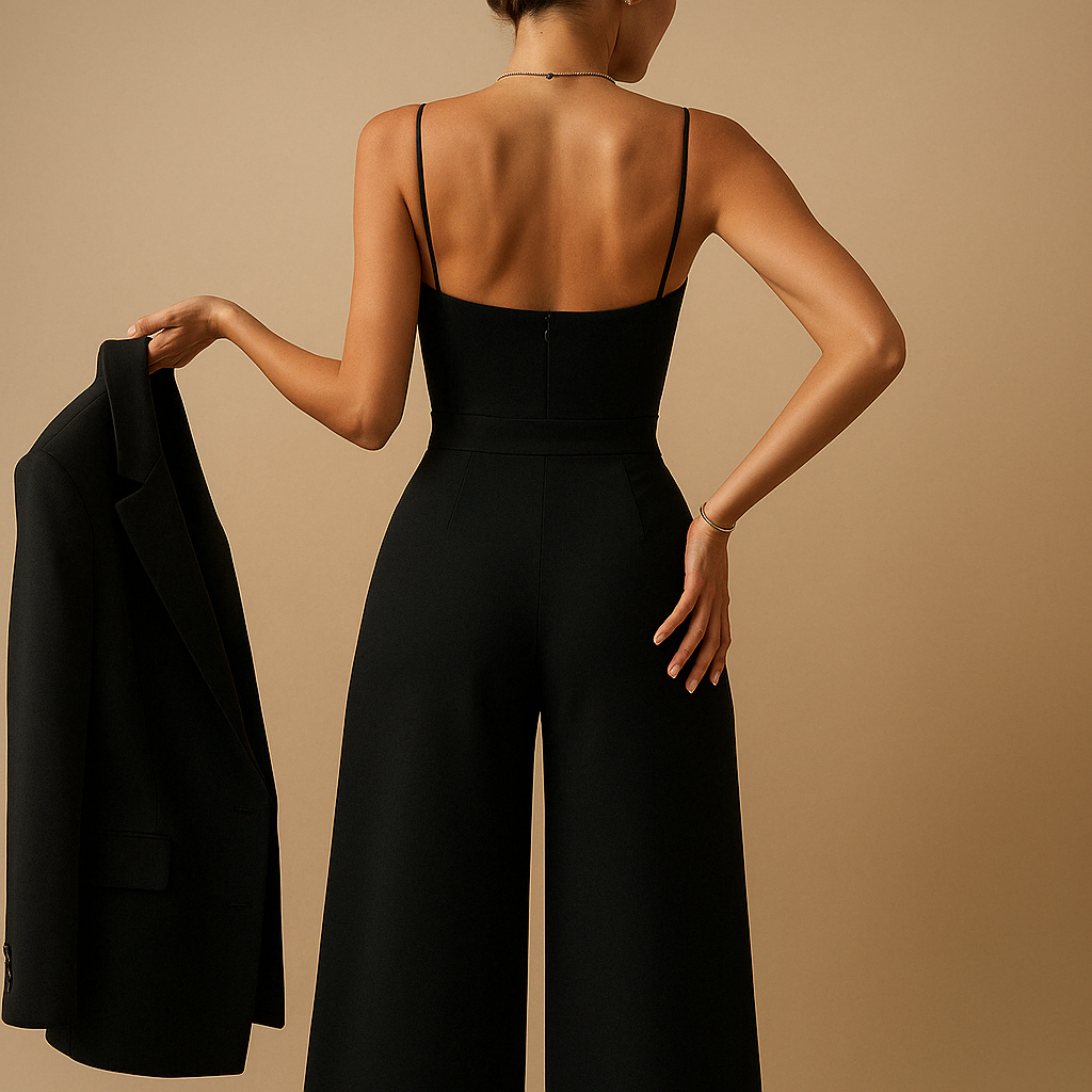 Dames zomer jumpsuit met verstelbare bandjes en lichte stof, perfect voor warme dagen en feestelijke gelegenheden.