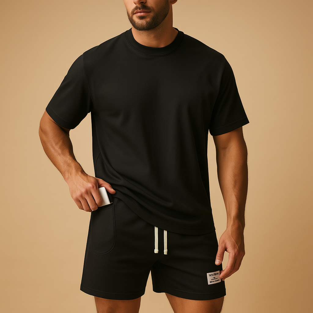 Herenset met T-shirt en korte broek in minimalistisch design, perfect voor loungen, thuisgebruik of zomerse uitstapjes.