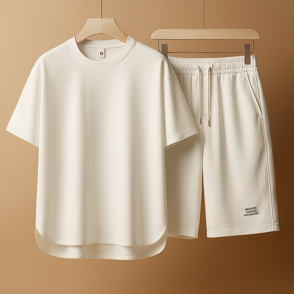 Herenset met T-shirt en korte broek in minimalistisch design, perfect voor loungen, thuisgebruik of zomerse uitstapjes.
