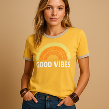 Zomers dames T-shirt met kleurrijke ‘Good Vibes’ print in losse pasvorm, ideaal voor casual dagen of een relaxte strandoutfit.