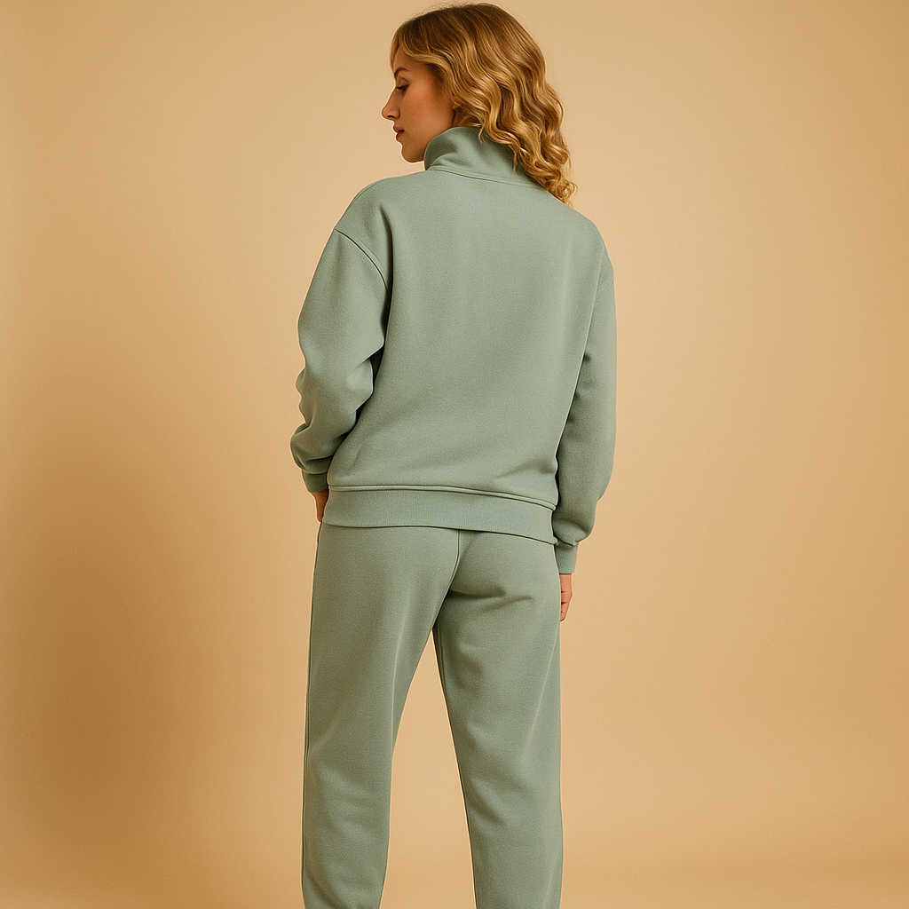Tweedelig joggingpak voor dames met vest en halve rits in roze, groen of blauw – ideaal voor loungen of sportieve dagen.