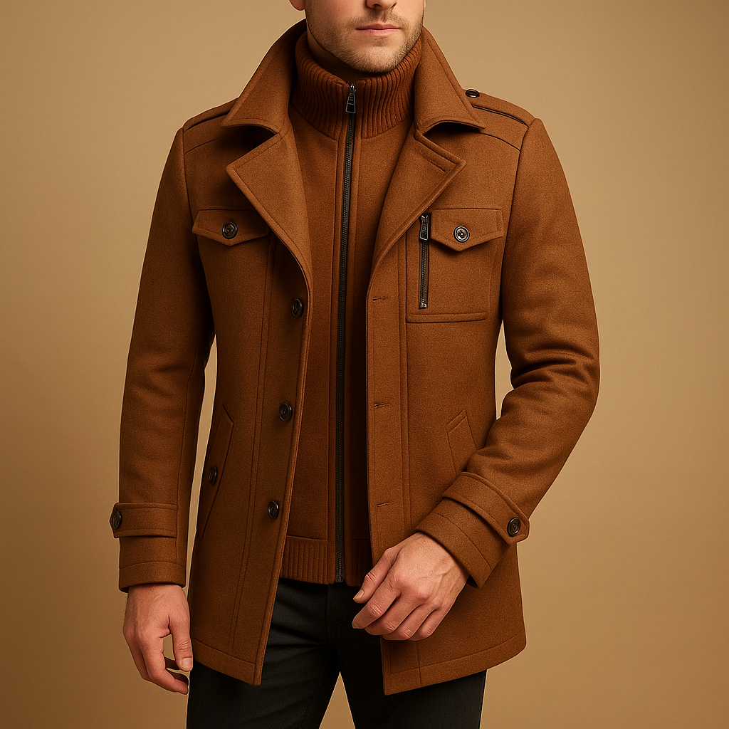 Winterjas voor heren met tweedelig ontwerp, slanke pasvorm en hoogwaardige afwerking, perfect voor formele en casual gelegenheden.
