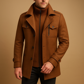 Winterjas voor heren met tweedelig ontwerp, slanke pasvorm en hoogwaardige afwerking, perfect voor formele en casual gelegenheden.