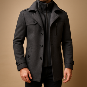 Winterjas voor heren met tweedelig ontwerp, slanke pasvorm en hoogwaardige afwerking, perfect voor formele en casual gelegenheden.