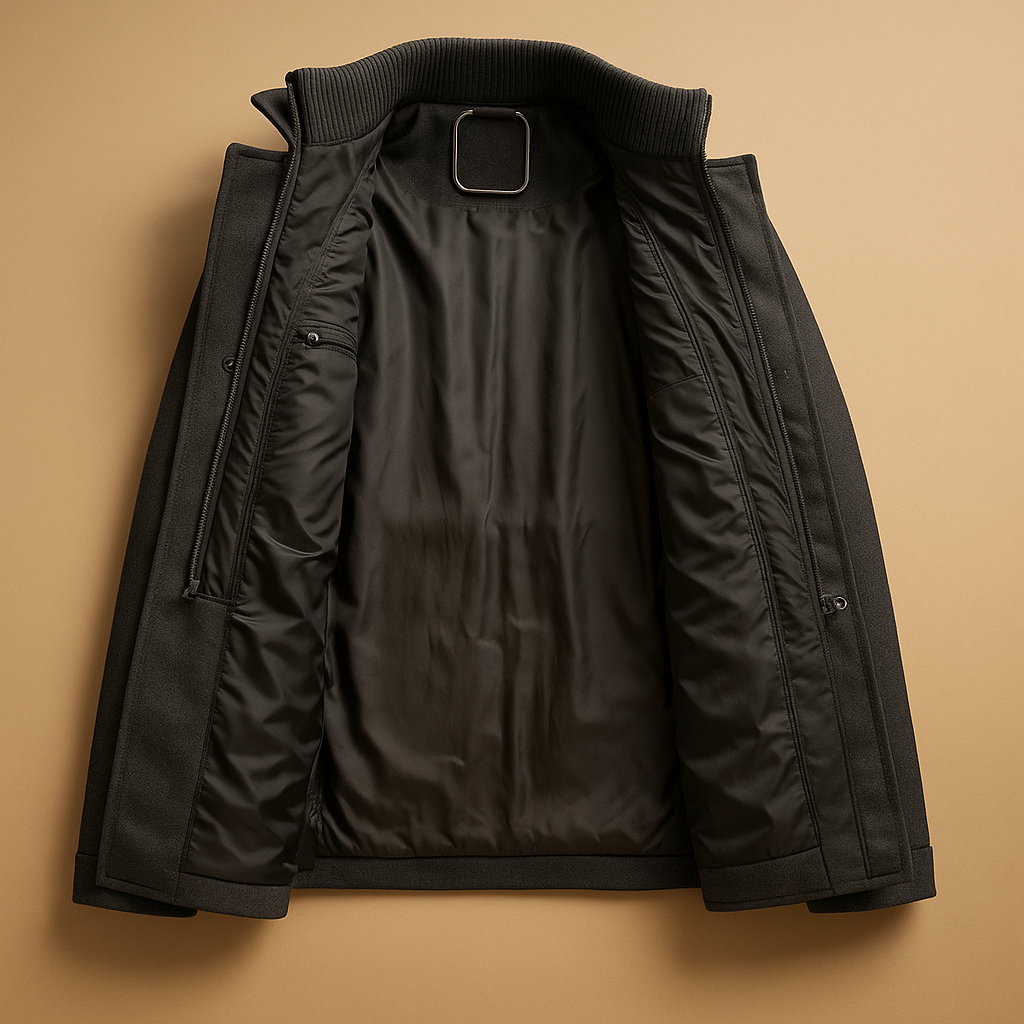 Winterjas voor heren met tweedelig ontwerp, slanke pasvorm en hoogwaardige afwerking, perfect voor formele en casual gelegenheden.