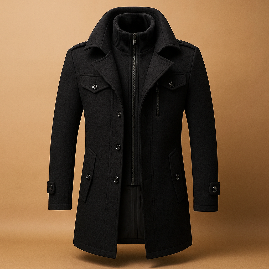 Winterjas voor heren met tweedelig ontwerp, slanke pasvorm en hoogwaardige afwerking, perfect voor formele en casual gelegenheden.