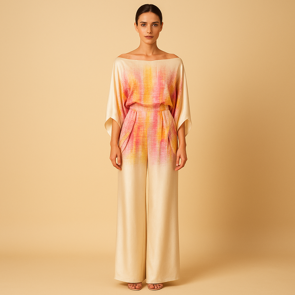 Dames zomeroutfit met off-shoulder top en wijde broek, luchtig en stijlvol voor dagelijks gebruik of avondjes uit