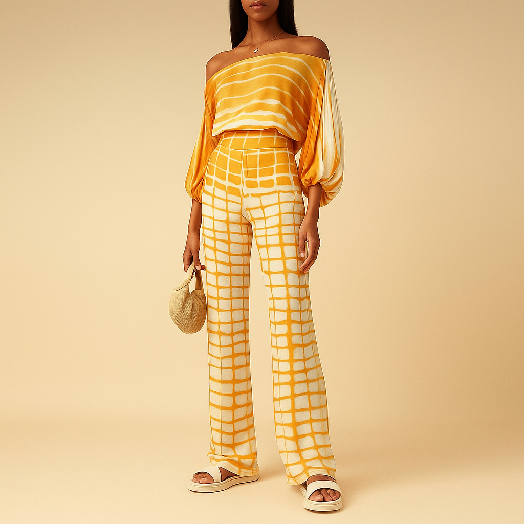 Dames zomeroutfit met off-shoulder top en wijde broek, luchtig en stijlvol voor dagelijks gebruik of avondjes uit