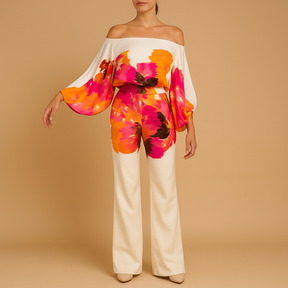 Dames zomeroutfit met off-shoulder top en wijde broek, luchtig en stijlvol voor dagelijks gebruik of avondjes uit