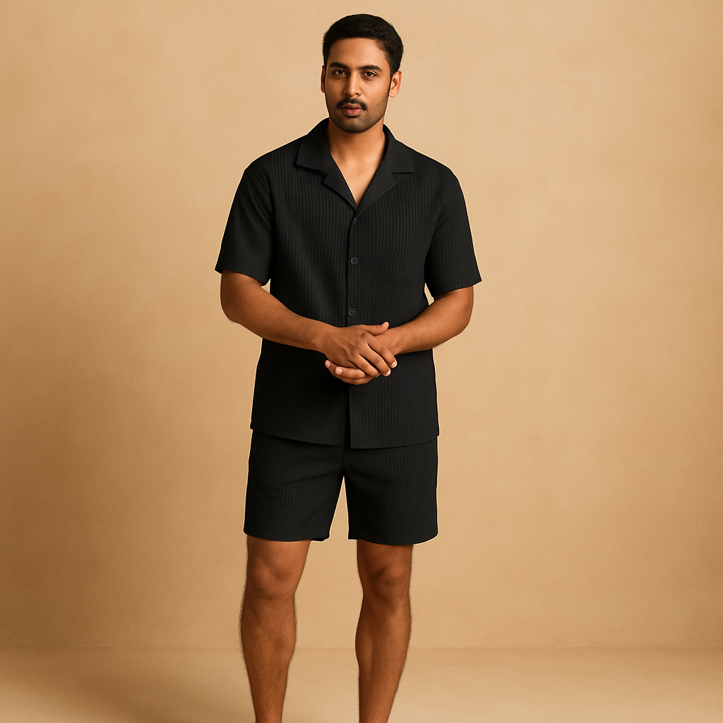Tweedelige zomeroutfit voor heren met verfijnd design, elegante afwerking en comfortabele pasvorm, ideaal voor stijlvolle zomerse gelegenheden.