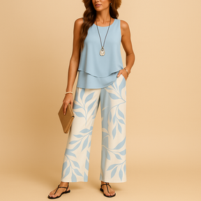 Dames zomerset met mouwloze top en ademende broek, ideaal voor warme dagen en stijlvolle momenten