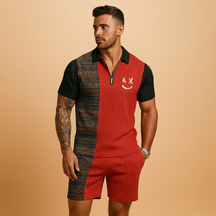 Heren zomerset met vintage polo met print en comfortabele korte broek, ideaal voor zomervakanties en informele gelegenheden.