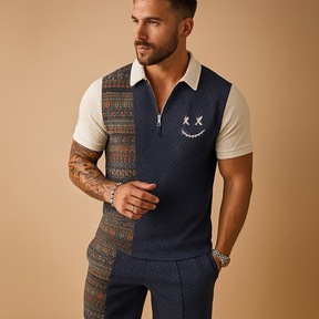 Heren zomerset met vintage polo met print en comfortabele korte broek, ideaal voor zomervakanties en informele gelegenheden.
